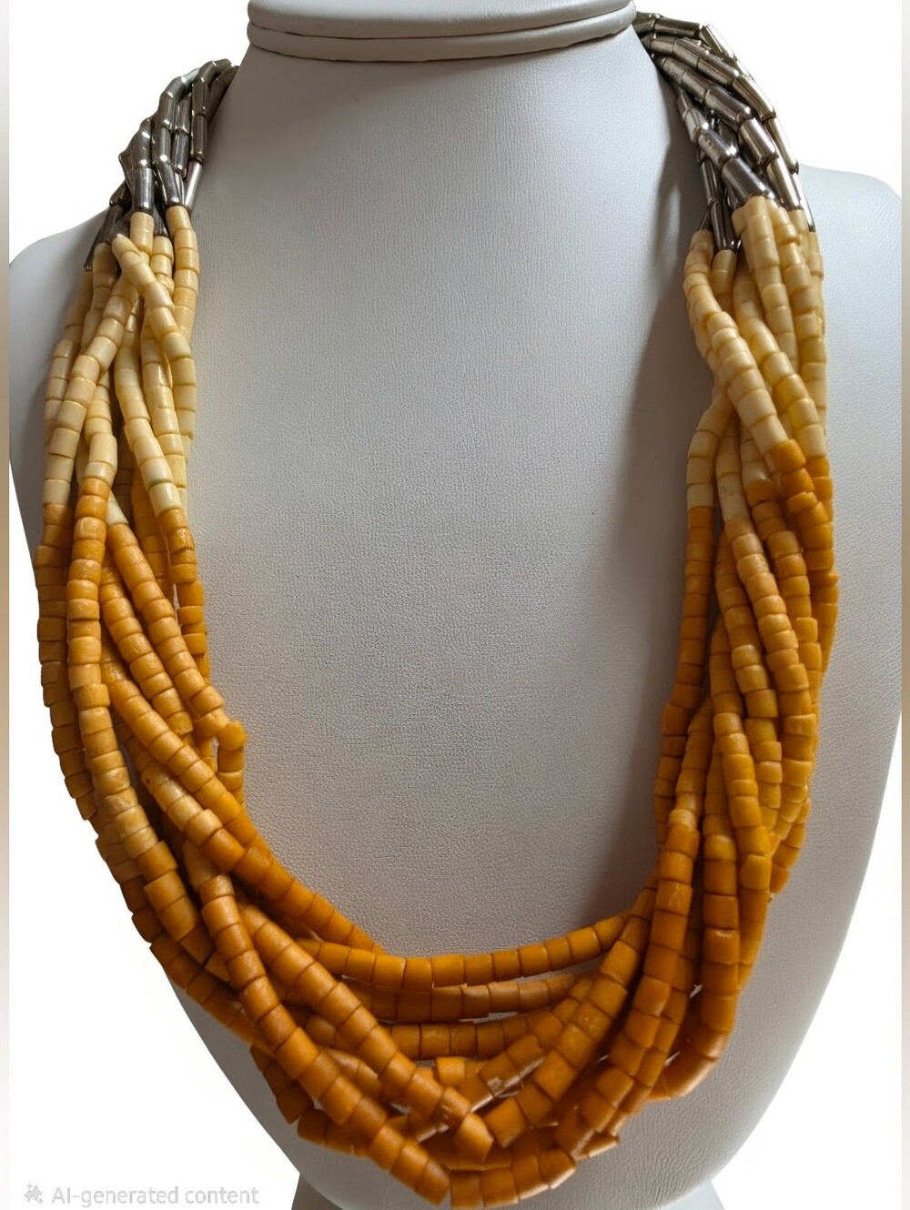 Vintage Multi-Strand  Silver & Ombré Bone Heishi Bead Statement Necklace